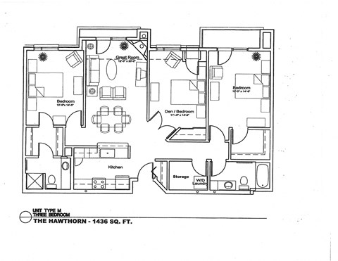 Floor plan for 3 beds, 2 baths, 1438 sqft